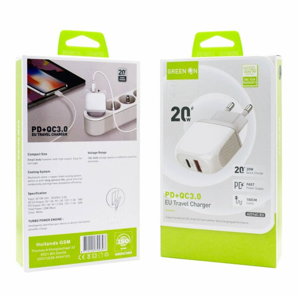 Green On A2316C-EU 20W dual PD + QC3.0 reislader USB-C