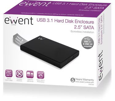 Ewent USB 3.1 Gen1 schroefloze 2,5" SATA HDD/SSD behuizing - Zwart