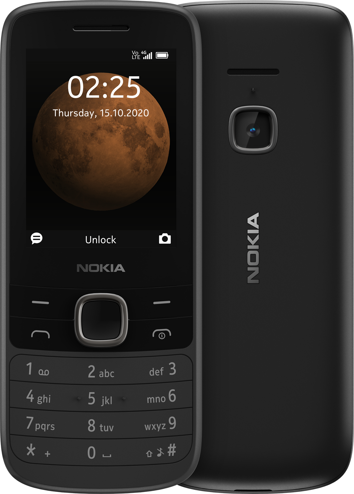 Nokia 225 4G zwart voor- en achterkant